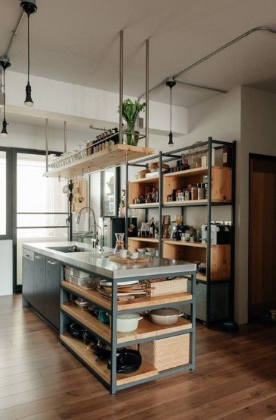 modern industrial kitchen island with shelves