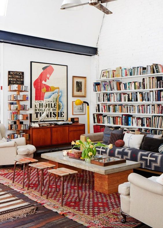Living room with books art and character