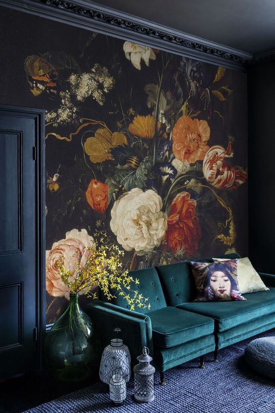 modern victorian living room with floral wallpapet