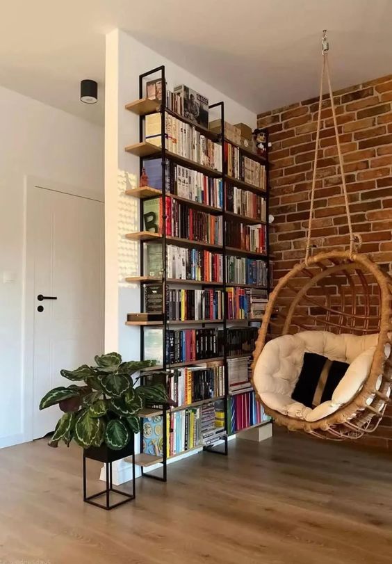 cozy Reading Nook with hanging rattan chair