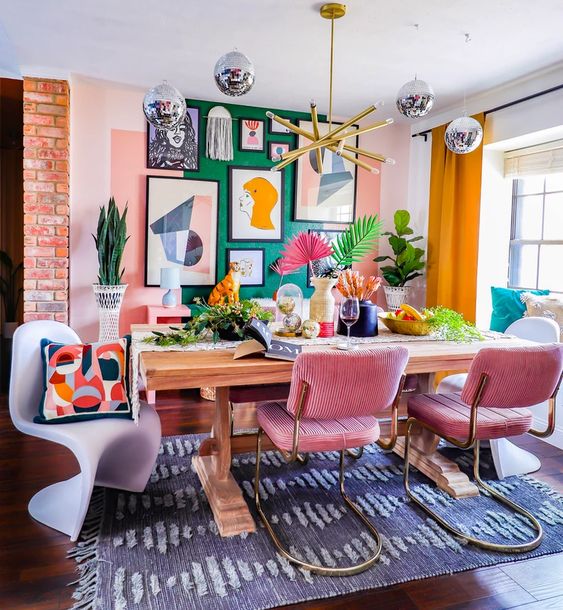 eclectic dining room interior design ideas with bold bright wall colors and art gallery wall