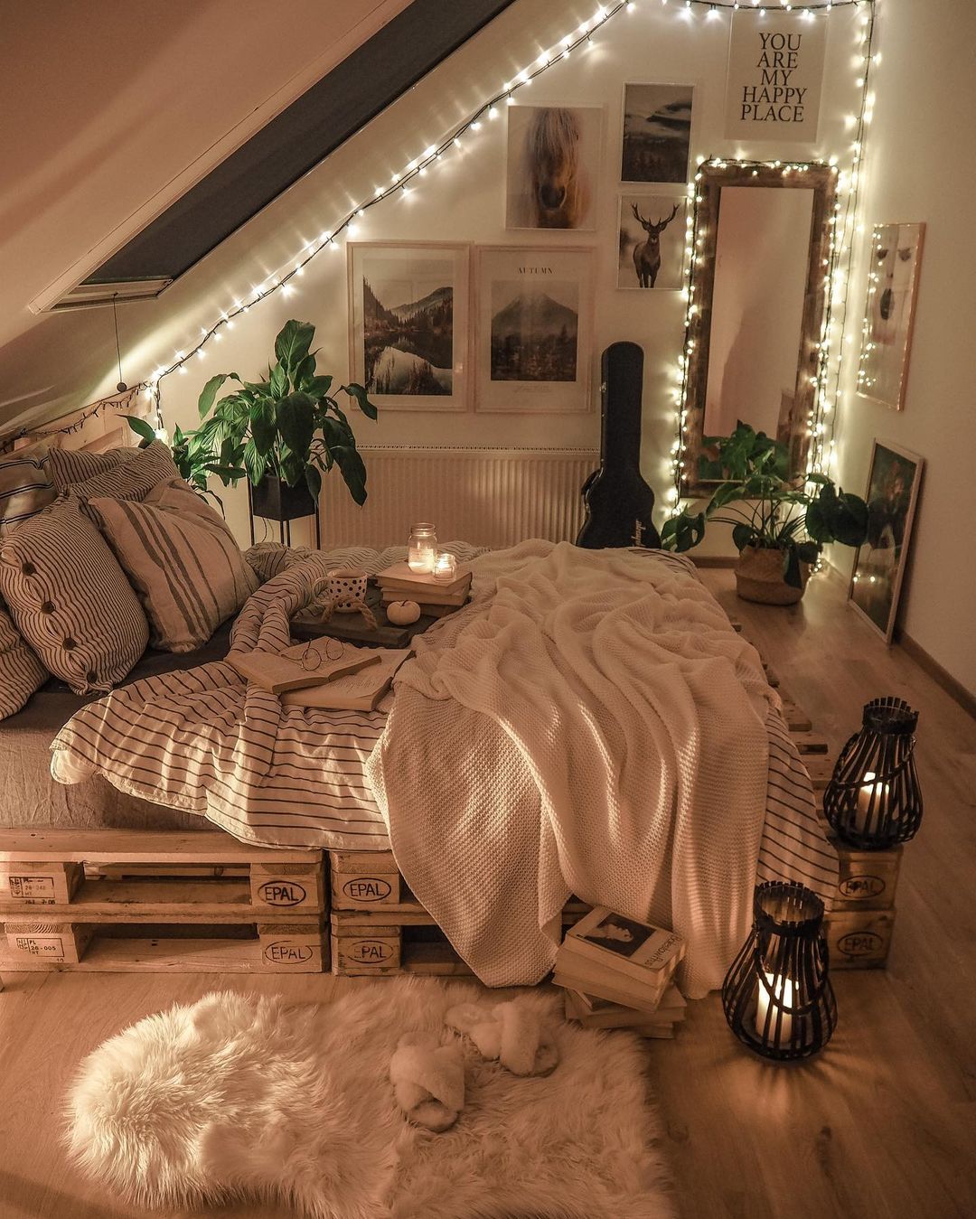 boho attic bedroom with pallet bed