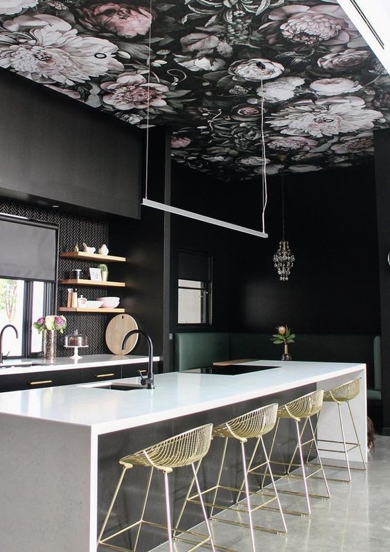 modern black kitchen with  floral wallpaper ceiling