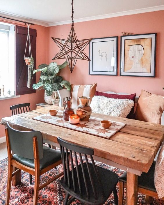 pink modern bohemian dining room idea