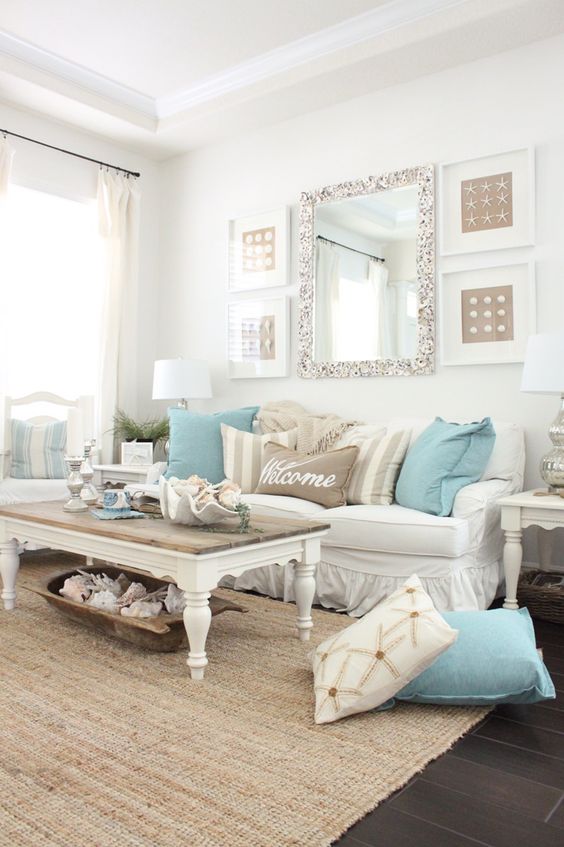 white beige and tyrquoise sammer living room decor