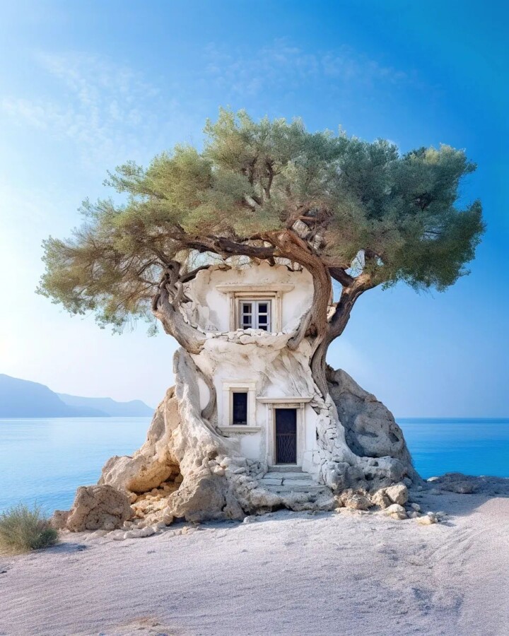 Cretan beach villa built around an ancient tree