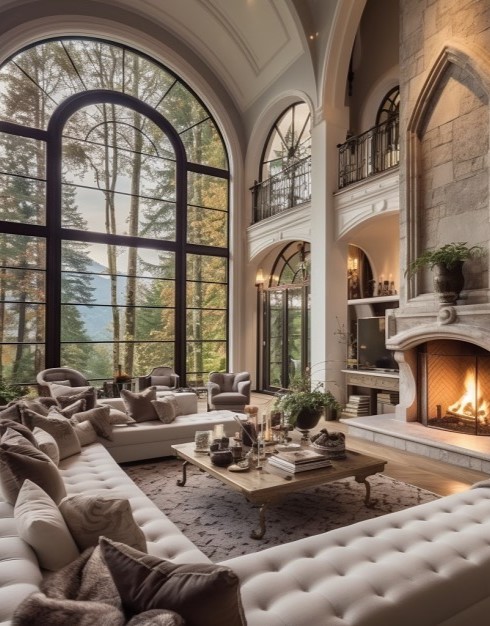living room with large arched window