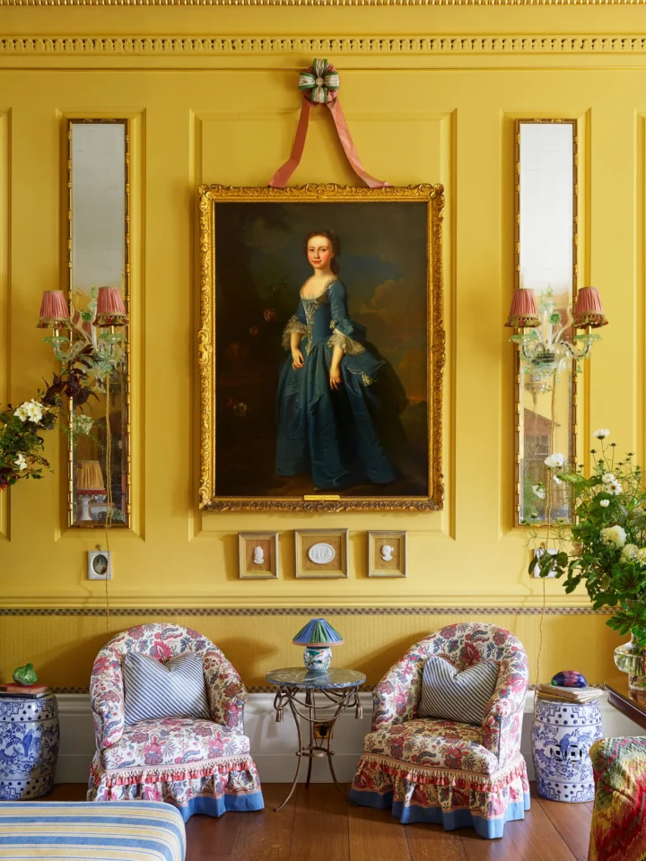 British maximalism elegant country yellow drawing room