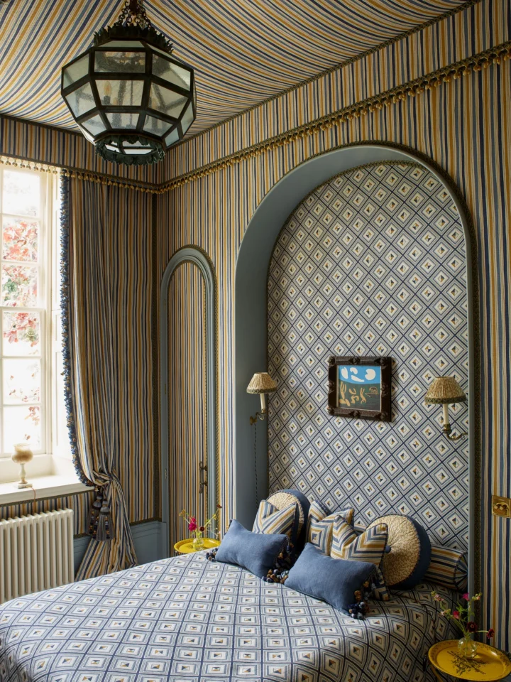 British maximalism elegant country blue guest bedroom