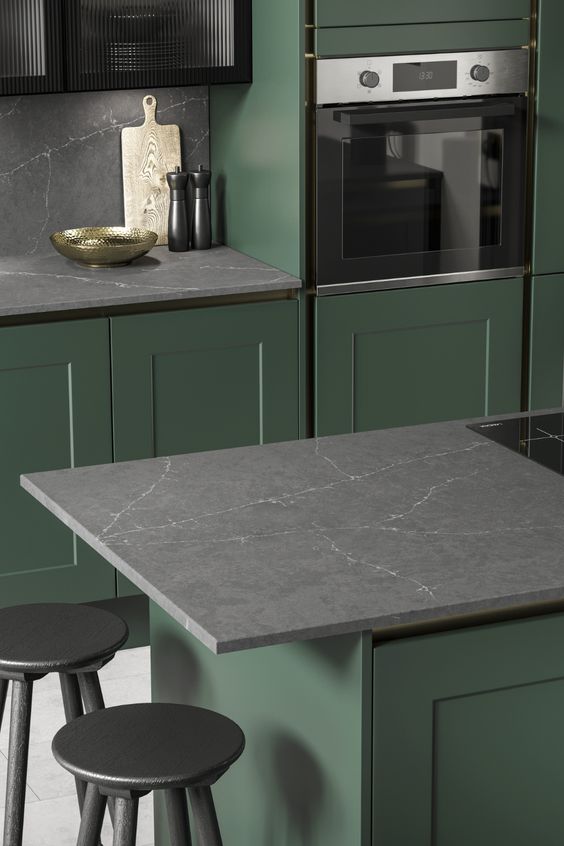 grey kitchen countertops with green cabinets
