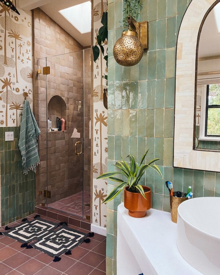 Justina Blakeney's bohemian bathroom design with zellige tiles in green and earthy taupe tones