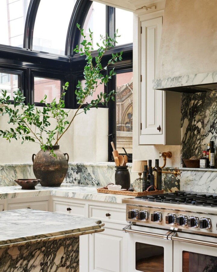 Nate Berkus' NYC kitchen with countertops and island feature Calacatta Turquoise Antico marble