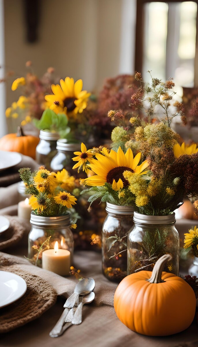 Thanksgiving centerpiece with Mason Jars and Wildflowers