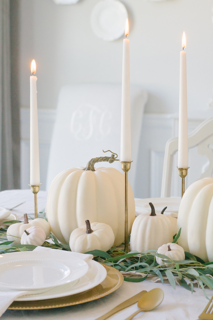 Thanksgiving table centerpiece with Eucalyptus and White Pumpkins
