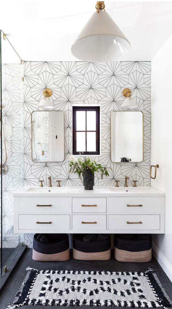 Hexagon Tiles with Starburst Design Elevate Transitional Bathroom