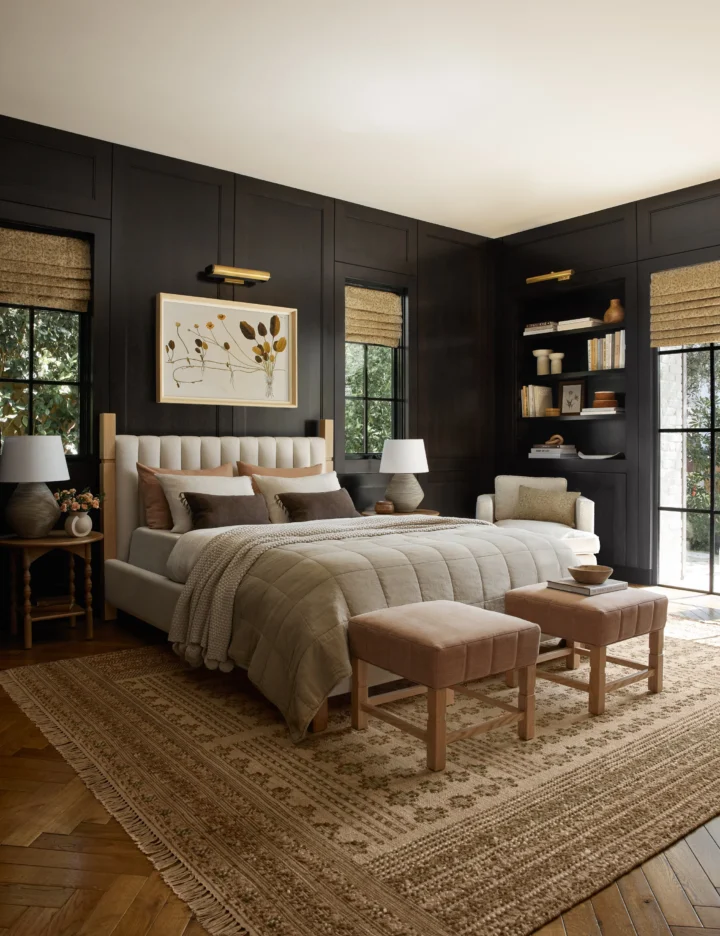 bedroom with black walls and beige jute and wool timeless rug 