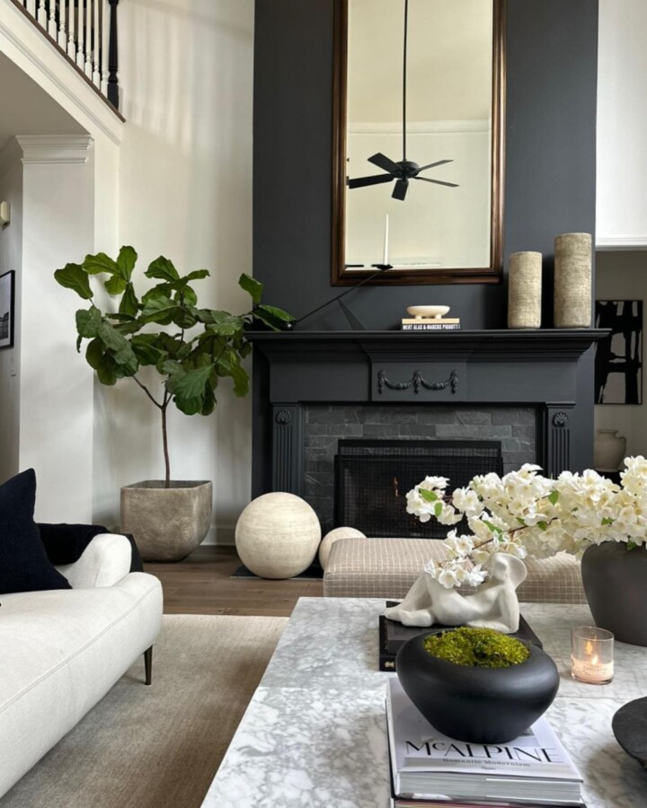 contemporary living room with black fireplace
