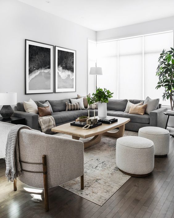 living room with gray sectional
