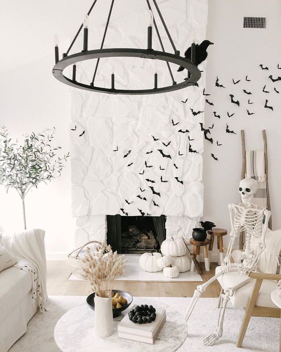 Halloween black and white living room decorations with Bats and Crows