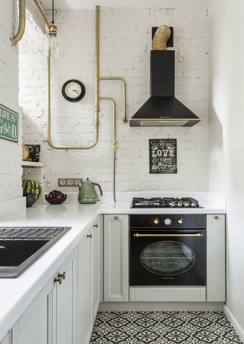 Industrial Kitchen Design With White Brick Backsplash White Kitchen Cabinets and retro black and white flooring tile