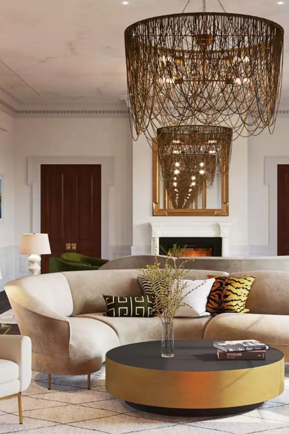 Modern beige gold glam midcentury contemporary living room 