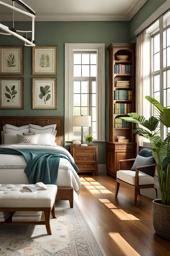 green and broen wood bedroom design idea