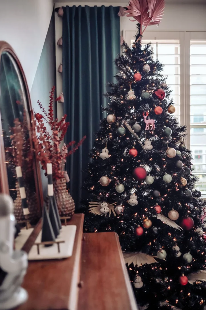 black-Christmas-tree-with-bright-ornaments