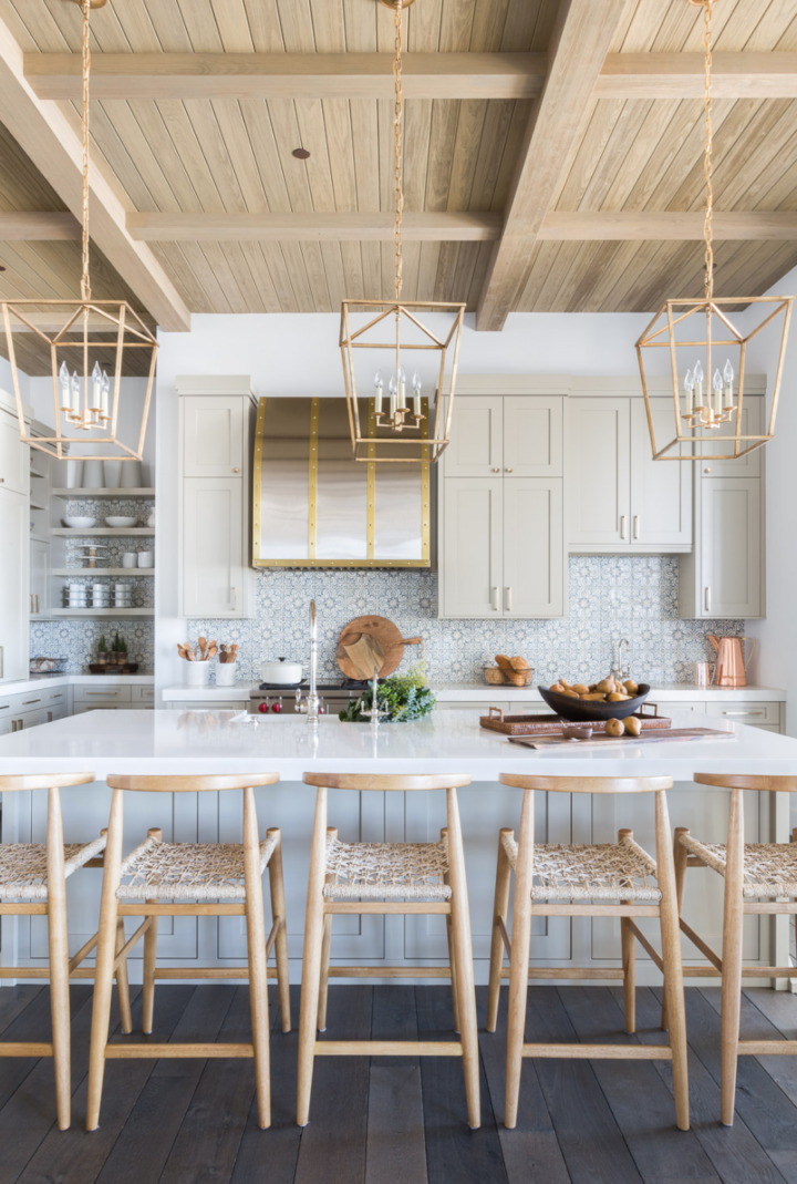 Modern farmhouse kitchen withthe cement tile backsplash and mixed metals