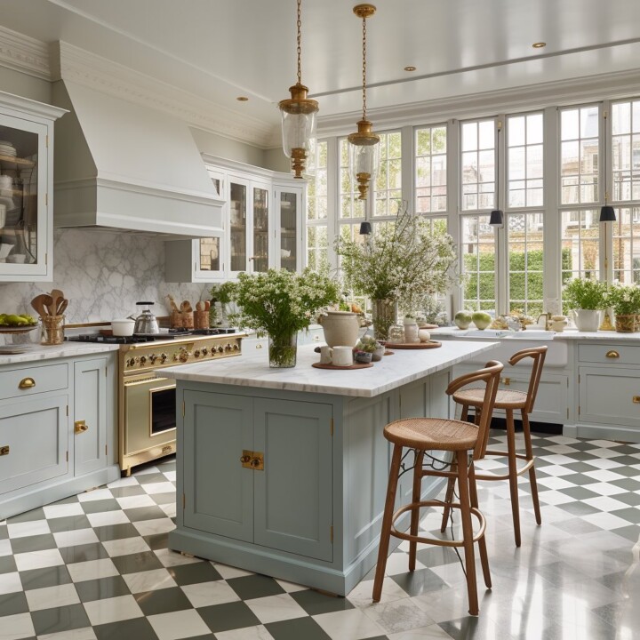 pastel light blue grey cottage kitchen with checkered tiles floorand gold hardware