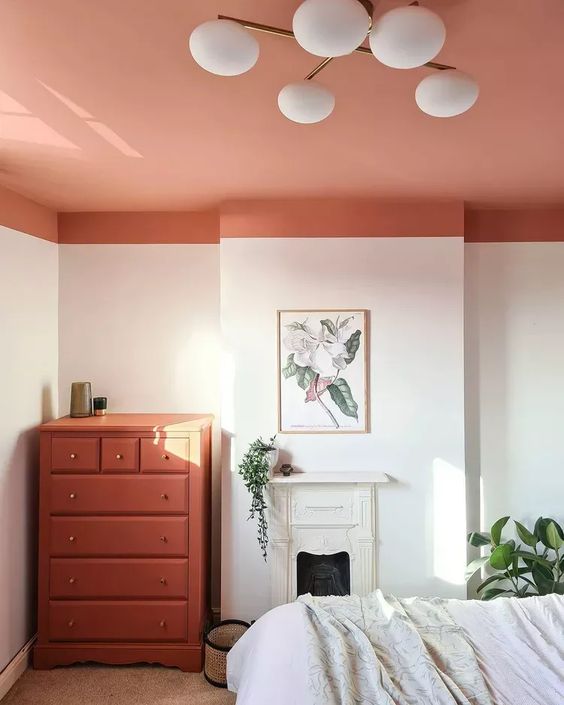 bedroom with Pantone 2024 peach ceiling