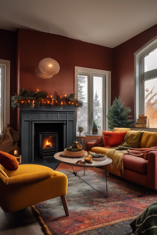 cozy winter living room with warm hues like deep reds, burnt oranges, rich yellows, and olive greens, inviting fireplace, soft lighting, hygge aesthetic