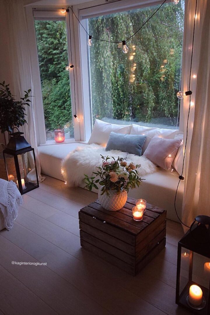 winter cozy living room nook with string lights lamps