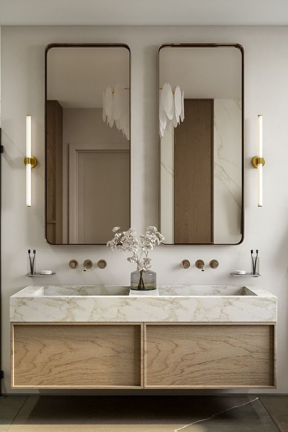 contemporary luxury bathroom with double marble Rectangular Sink