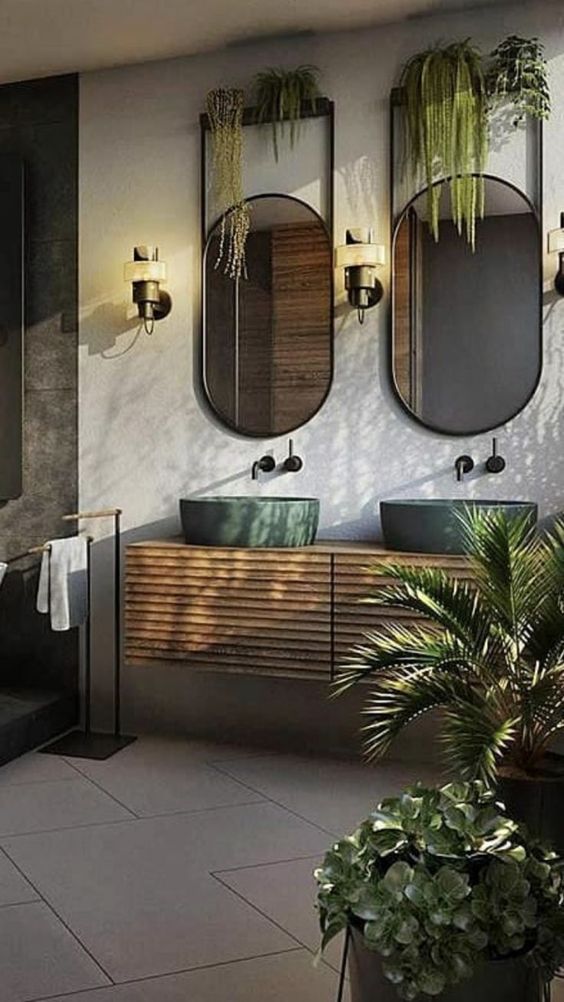 modern boho bathroom with double round vanity shape