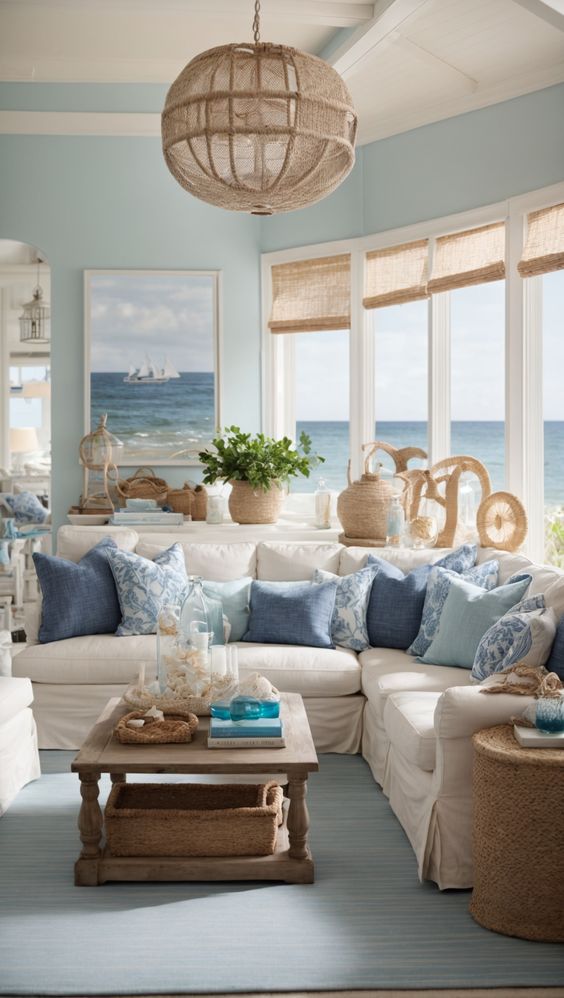 beach themed cream and blue living room with Rope Chandelier 