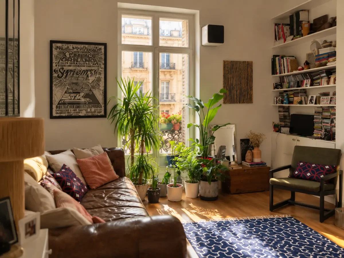 Sunlit Paris apartment living room with a vintage leather sofa, large indoor plants, bookshelves, patterned rug, and tall windows overlooking classic Parisian buildings.
