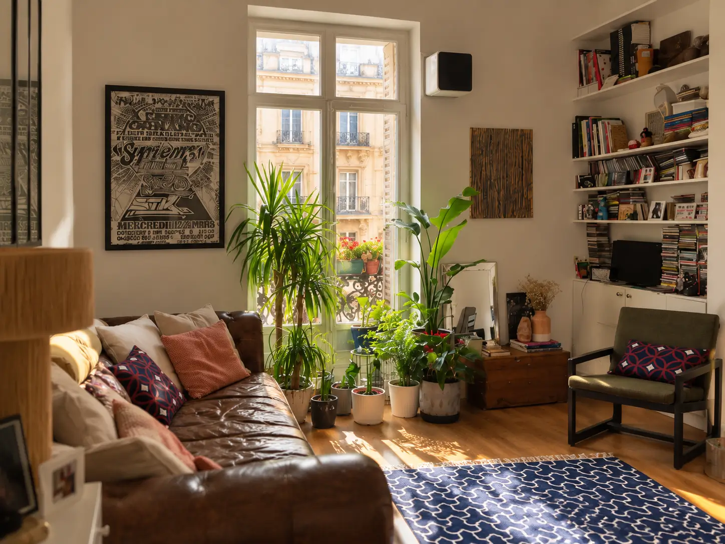 Sunlit Paris apartment living room with a vintage leather sofa, large indoor plants, bookshelves, patterned rug, and tall windows overlooking classic Parisian buildings.