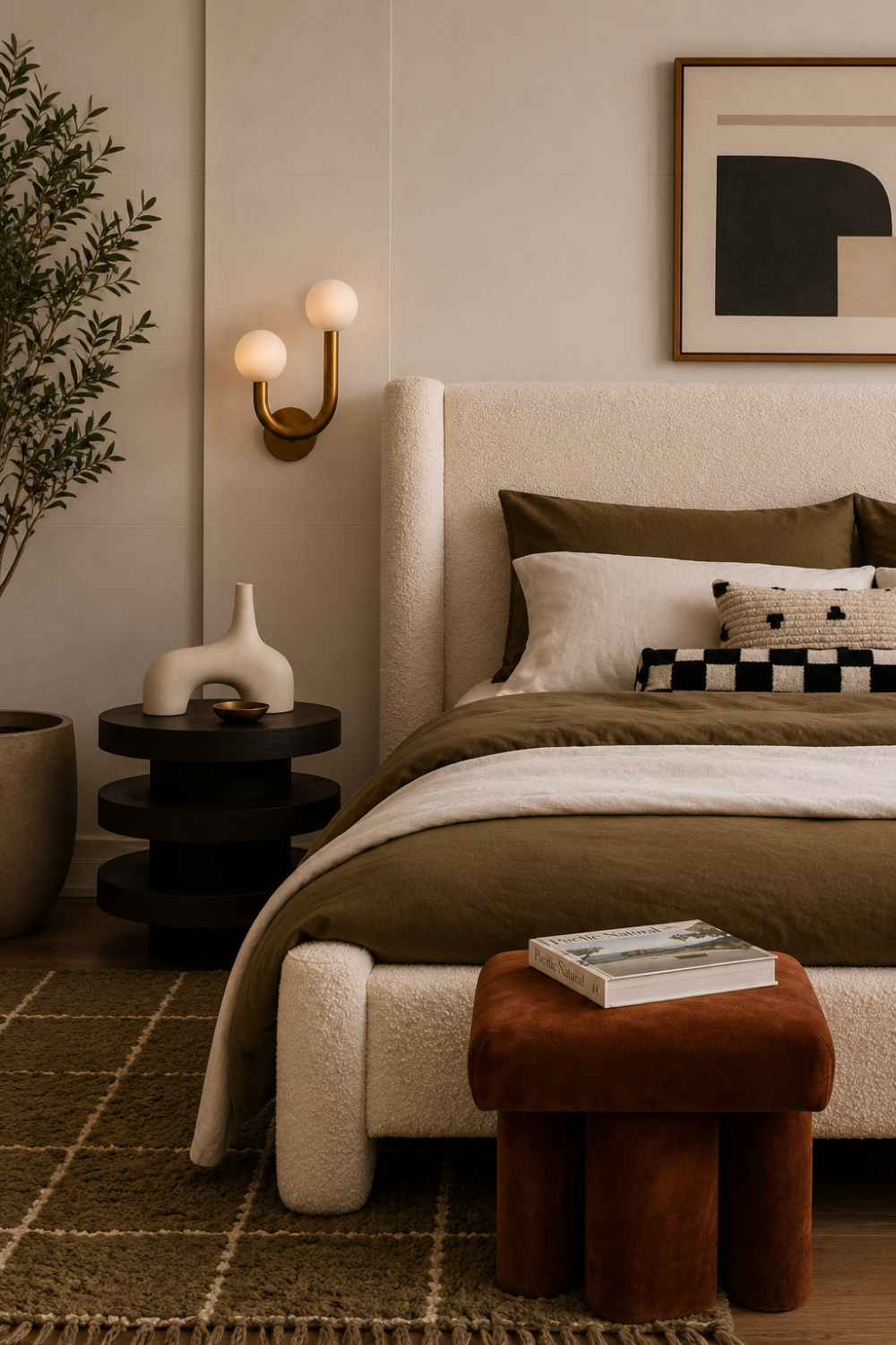 Warm modern bedroom with mid-century furniture, arched doorway, olive bedding, sculptural stools, and natural textures.