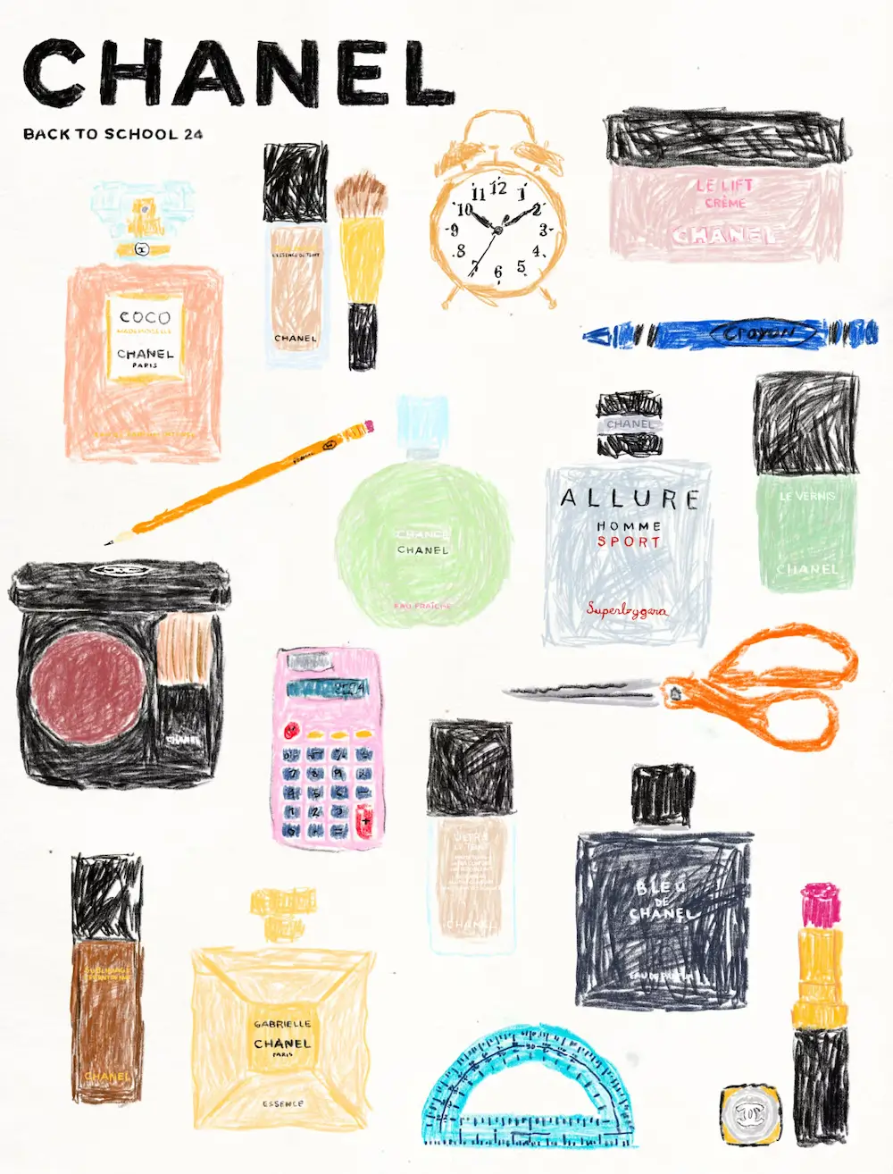 Illustration created by artist Michael McGregor for Chanel featuring hand-drawn beauty products, perfume bottles, makeup tools, and accessories rendered in his signature playful pastel-pencil style.