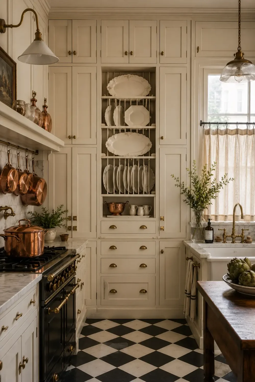Classic cinematic kitchen with checkerboard floors, creamy floor-to-ceiling cabinetry, a traditional plate rack, hanging copper cookware, brass fixtures, marble countertops, farmhouse sink, and soft European-inspired lighting creating a warm collected atmosphere.