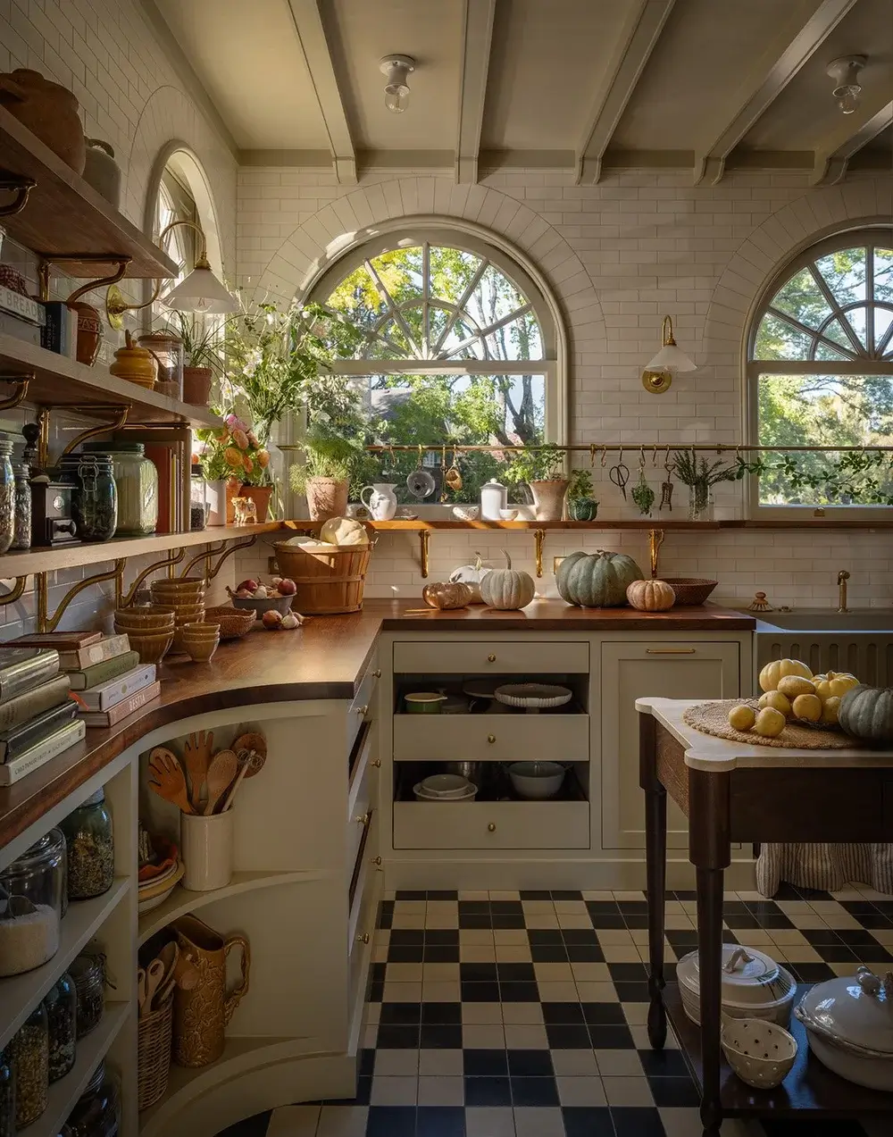 Sunlit cinematic kitchen with arched windows, checkerboard floors, open shelving filled with jars and cookbooks, brass details, farmhouse sink, warm wood countertops, layered vintage decor, and cozy European-inspired atmosphere.