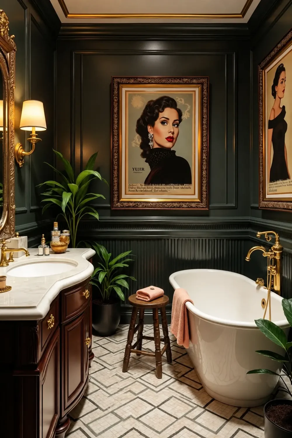 Elegant dark green vintage bathroom with gold accents, freestanding white bathtub, marble vanity, framed portrait artwork, and a classic wooden stool beside the tub with a folded towel.