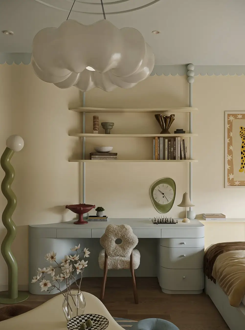 A dreamy, whimsical bedroom workspace with soft pastel tones and sculptural furniture. The room features a curvy pale blue desk with rounded drawers, floating cream shelves supported by pastel blue poles, and playful decorative details like scalloped trim along the walls. A large cloud-shaped pendant light hangs from the ceiling, while a sculptural wavy green floor lamp adds an artistic touch. The space is styled with organic shapes, vintage-inspired decor, ceramic accessories, books, and a textured flower-shaped chair. Warm wood flooring and soft ambient lighting create a cozy, imaginative atmosphere blending retro, contemporary, and playful modern design.