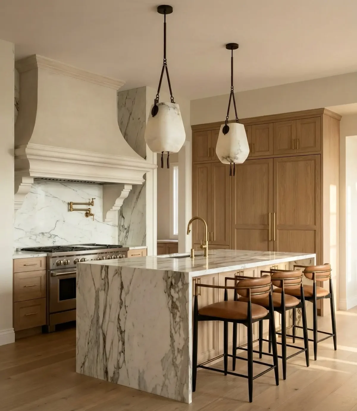 Timeless kitchen with oak millwork, marble countertops, and a large central island