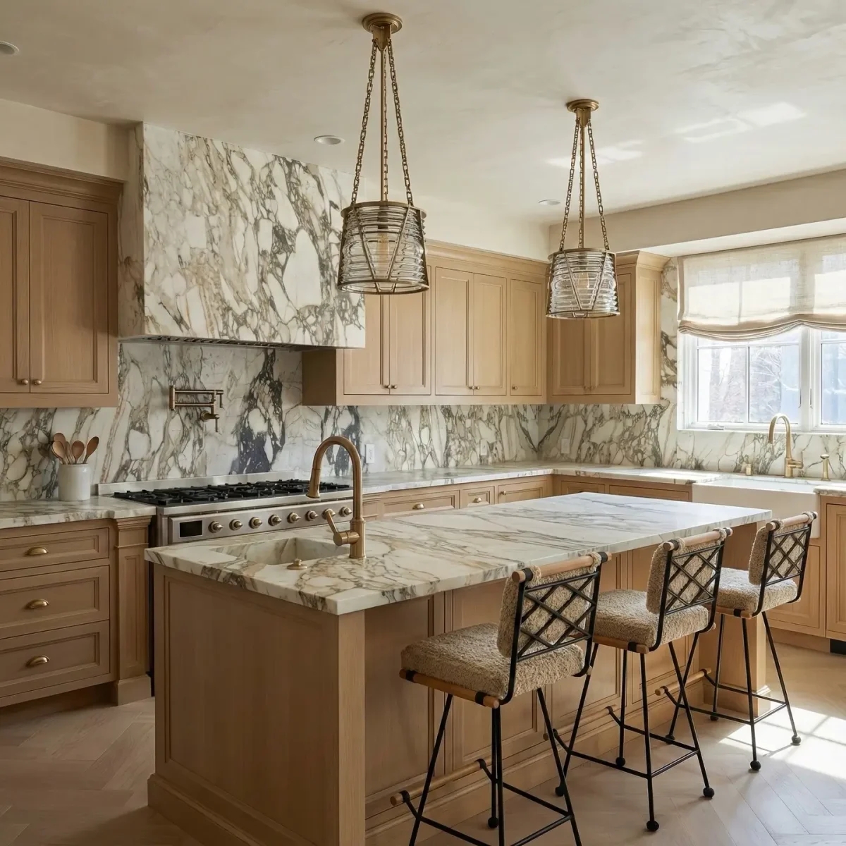 Luxury kitchen with warm oak cabinetry, marble surfaces, and brass accents