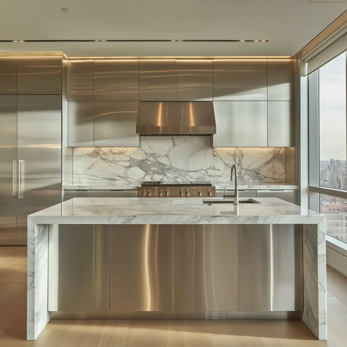 Modern kitchen with stainless steel cabinetry and marble countertops