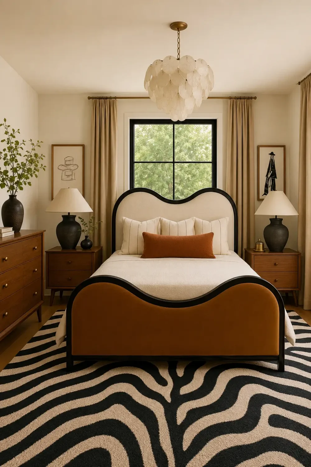 Stylish mid-century modern bedroom with sculptural furniture, vintage-inspired decor, geometric rug, and warm earthy colors.
