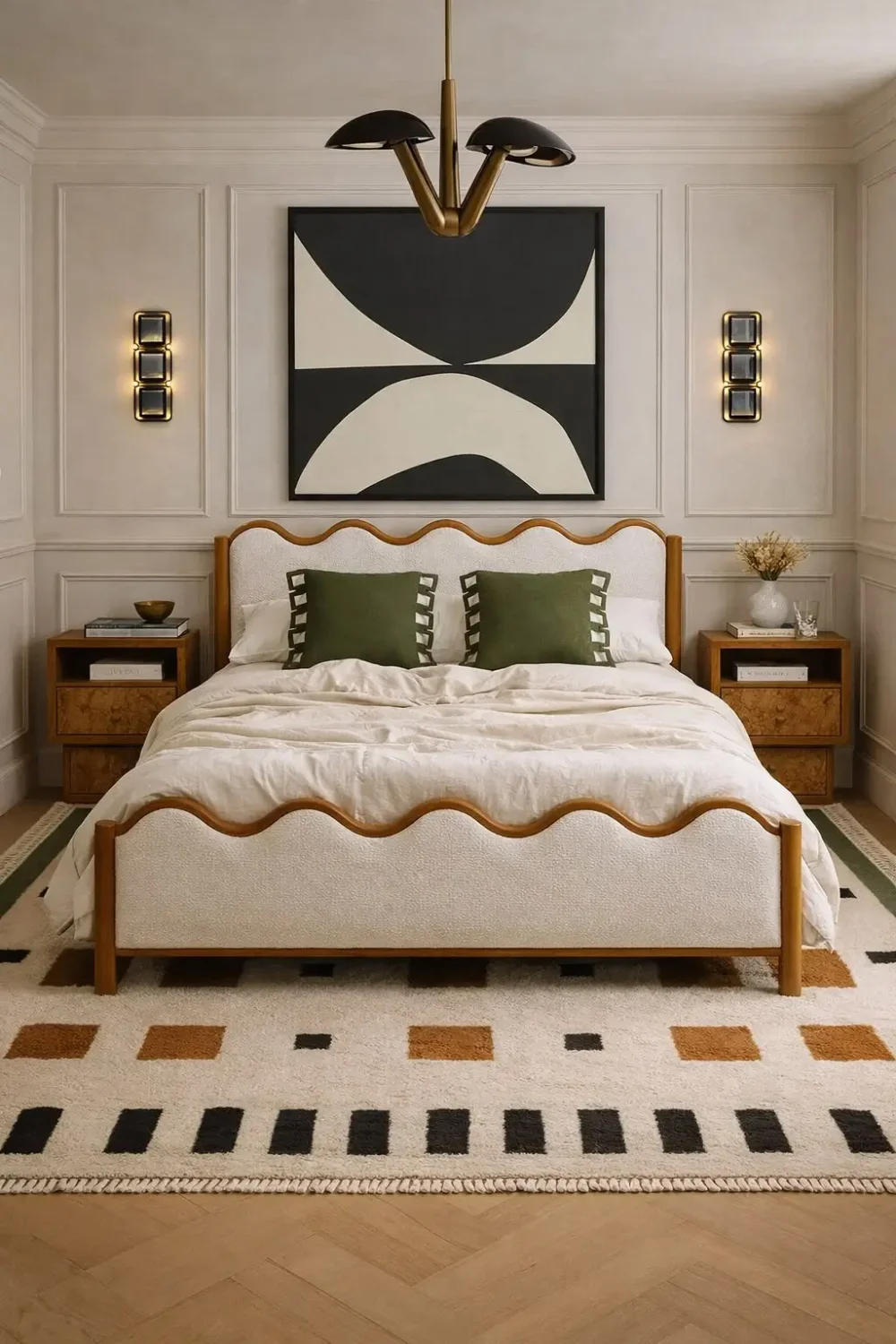 Elegant mid-century modern bedroom with textured boucle bed, brass wall sconces, sculptural decor, and layered neutral textiles.