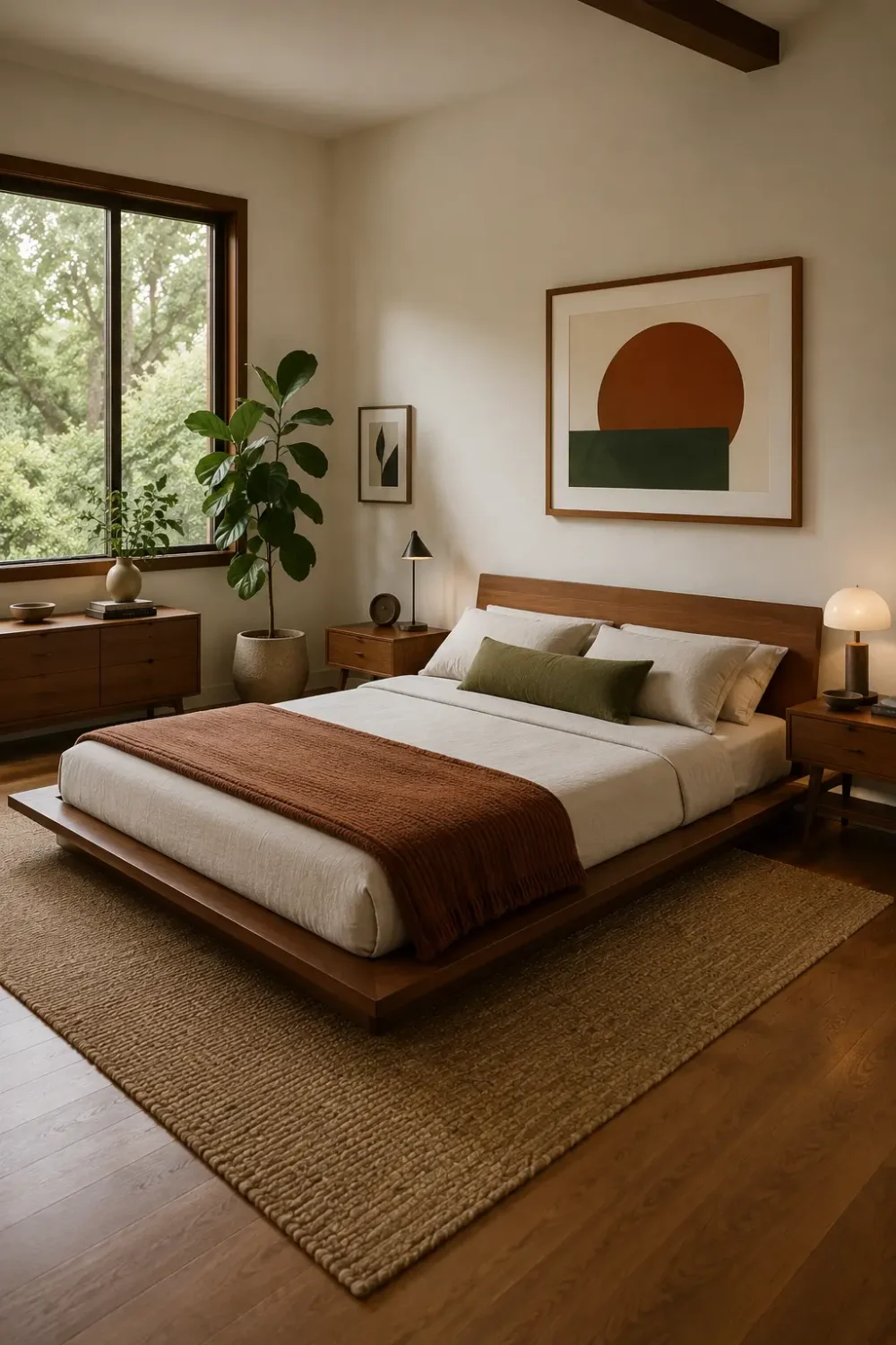 Airy mid-century modern bedroom with a low-profile wooden platform bed, neutral textiles, warm wood tones, and minimal styling.