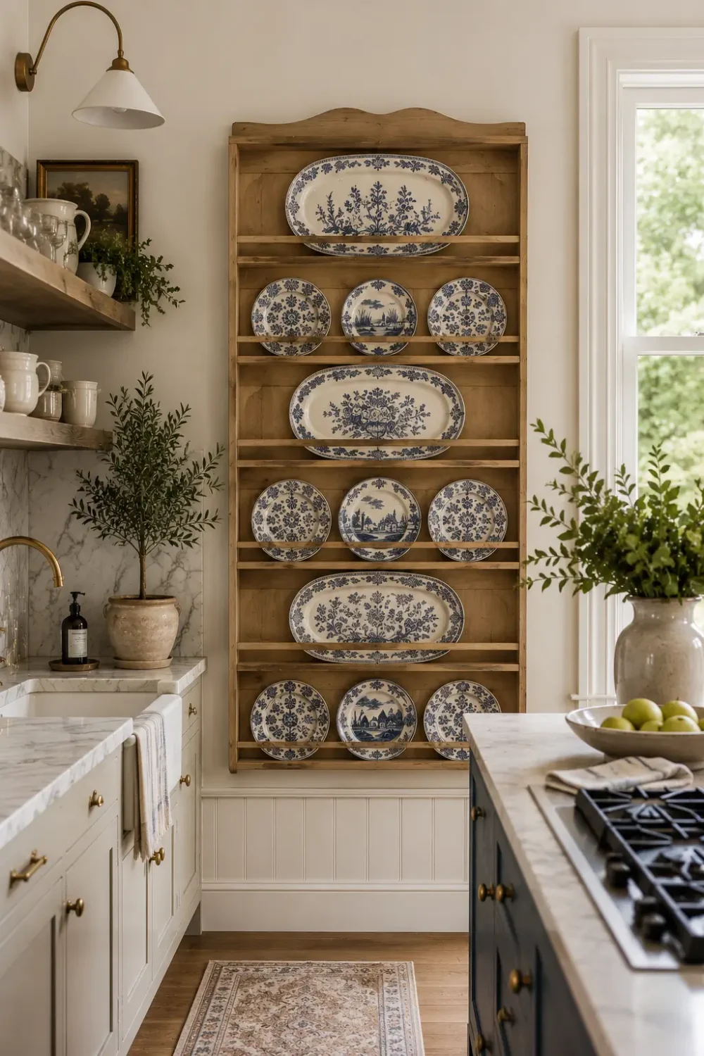Modern country kitchen with a bespoke wall-mounted wooden plate rack displaying blue and white ceramic plates, marble countertops, brass fixtures, warm wood accents, and soft natural light creating a timeless European farmhouse feel.